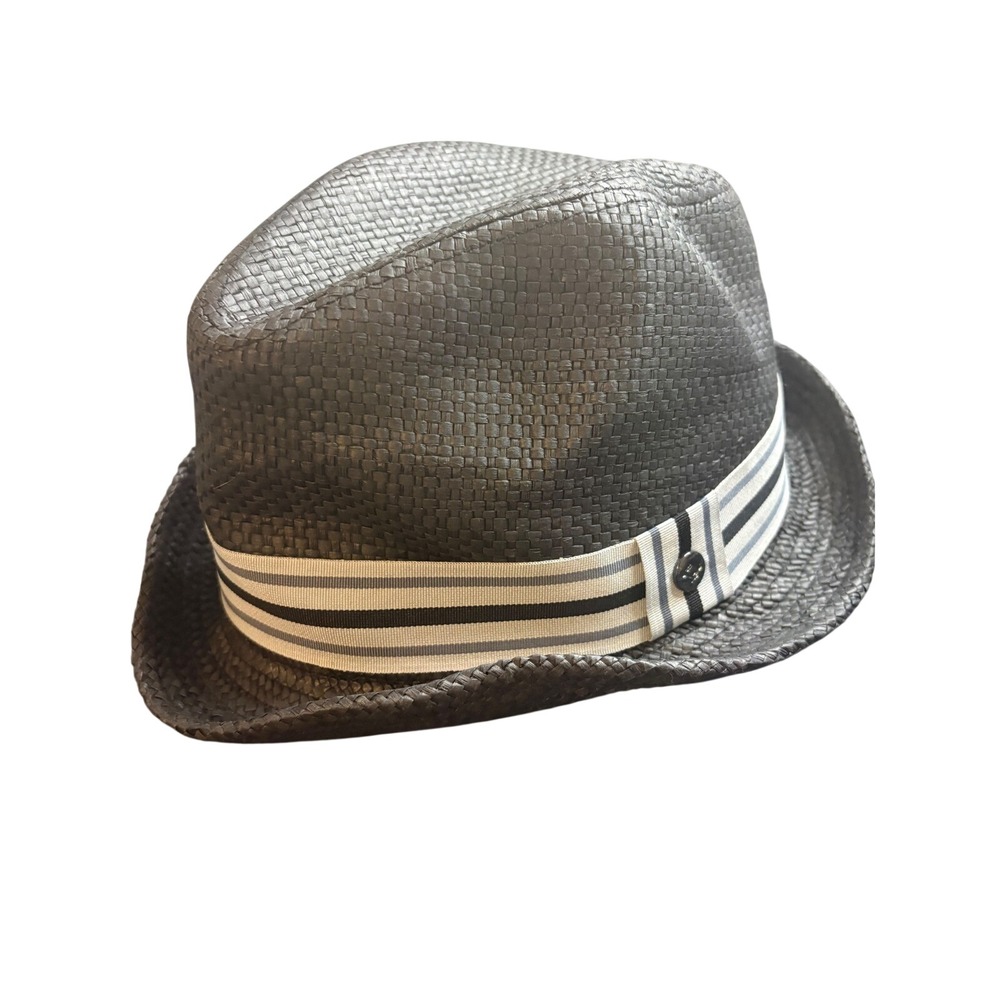 Peter Grimm Black Woven Straw Fedora Hat Striped Band L/XL